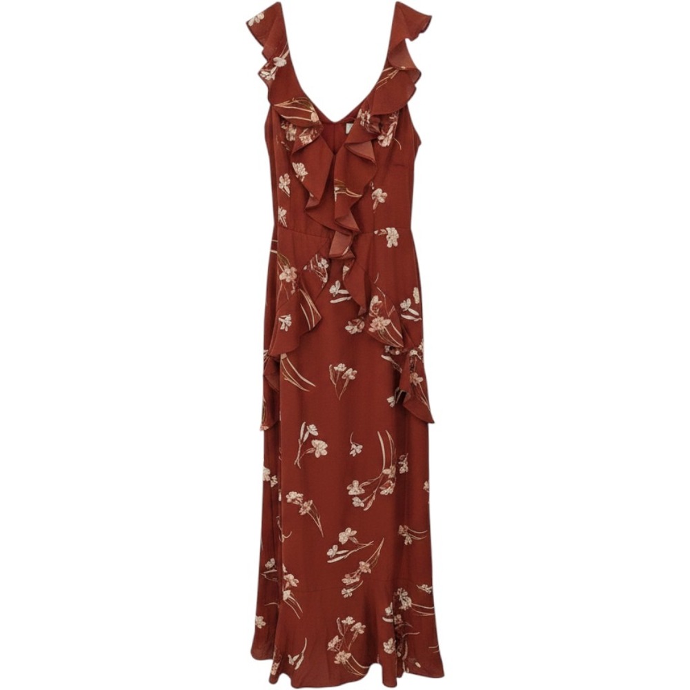 ASTR The Label Maxi Dress Women Large Rust Orange Floral Ruffle Halter V Neck